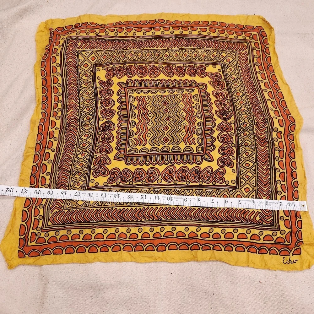 Vintage Echo Silk Scarf Yellow Orange Tribal Geometric Aztec Square Neck Scarf